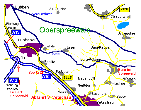Karte vom Raum Lübbenau - Lübben - Vetschau - Burg